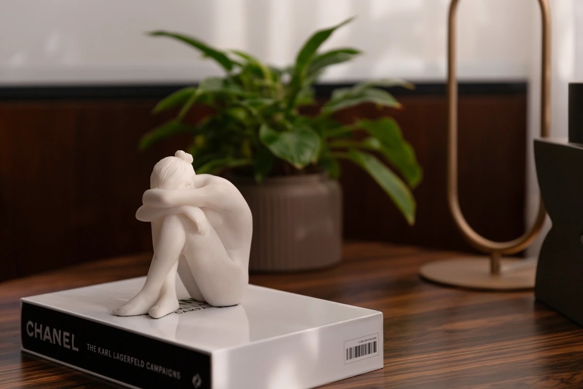 Escultura decorativa sobre livro de arte na sala de espera